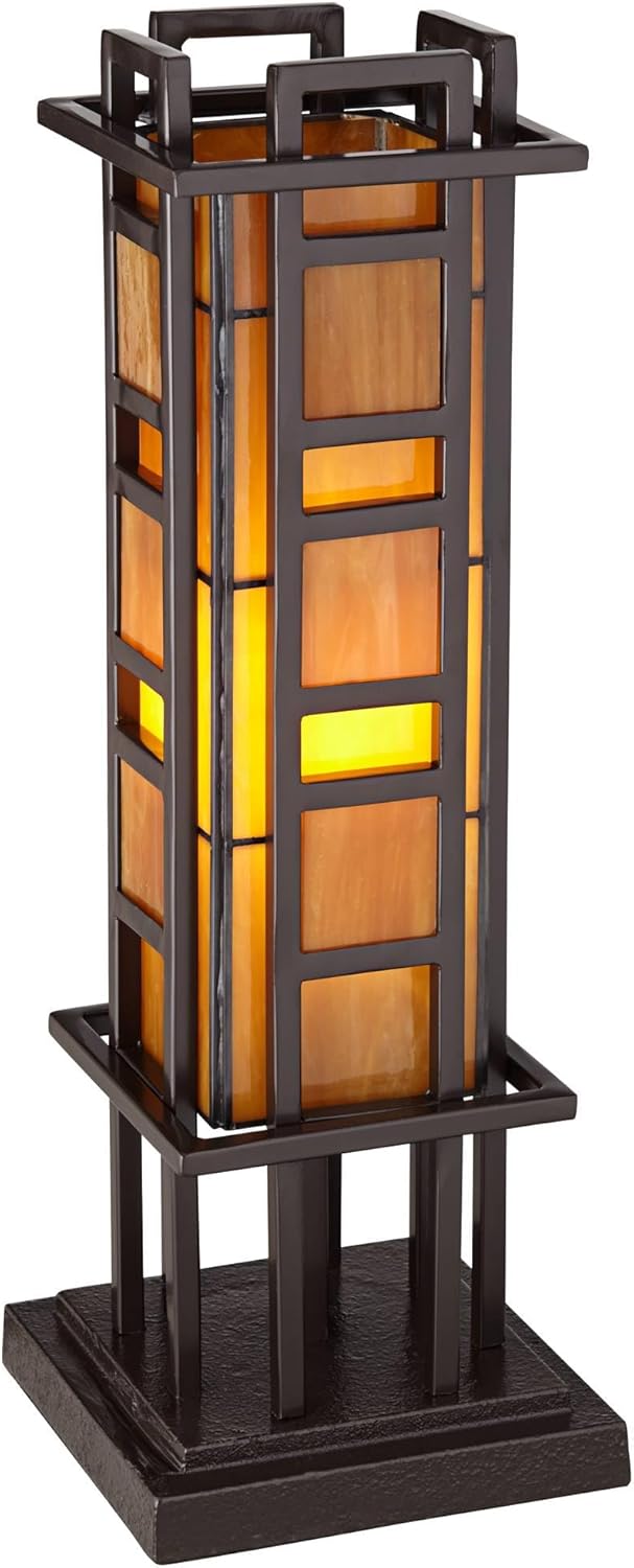 Bronze Iron Column Accent Table Lamp with Amber Stained Art Glass L596