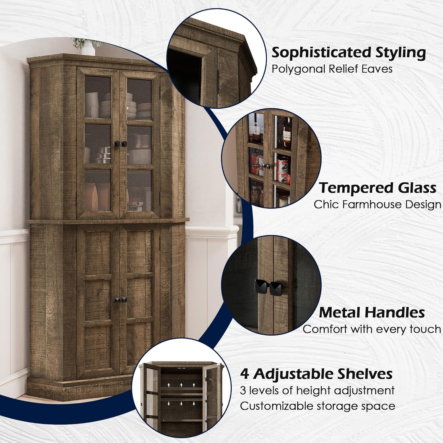 Rustic Brown Tall Corner Storage Cabinet with Glass Doors and Adjustable Shelves X59575
