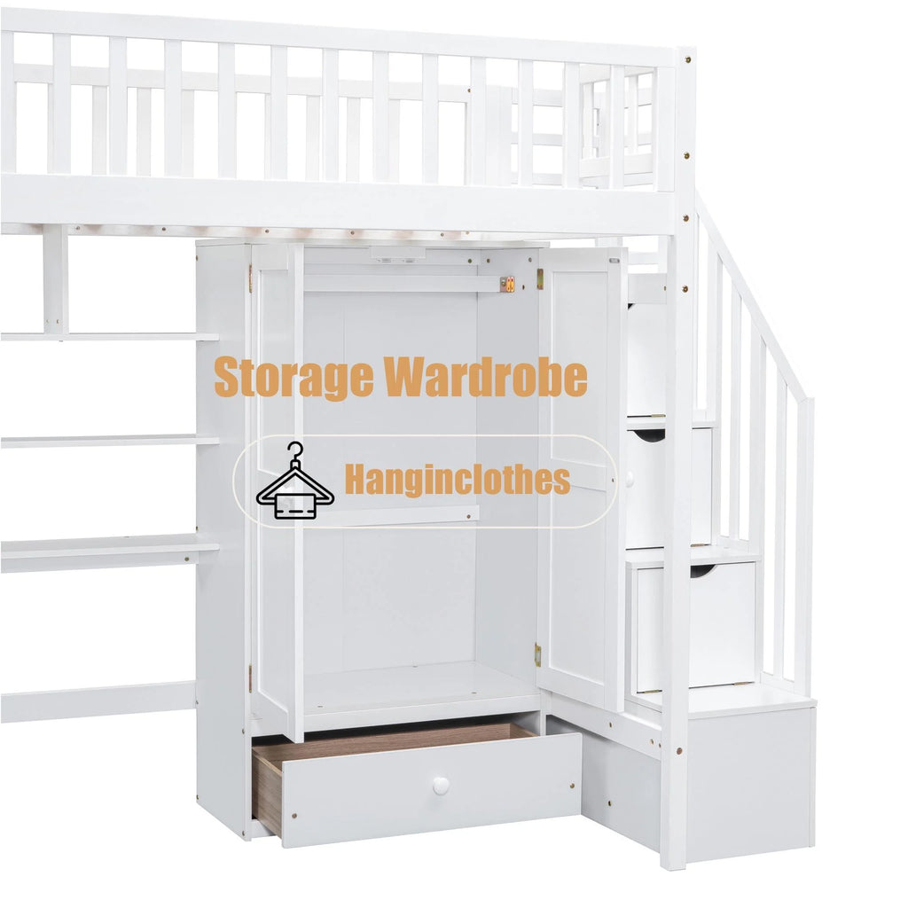 Twin Size Wood Loft Bed with Stairs and Wardrobe N56145