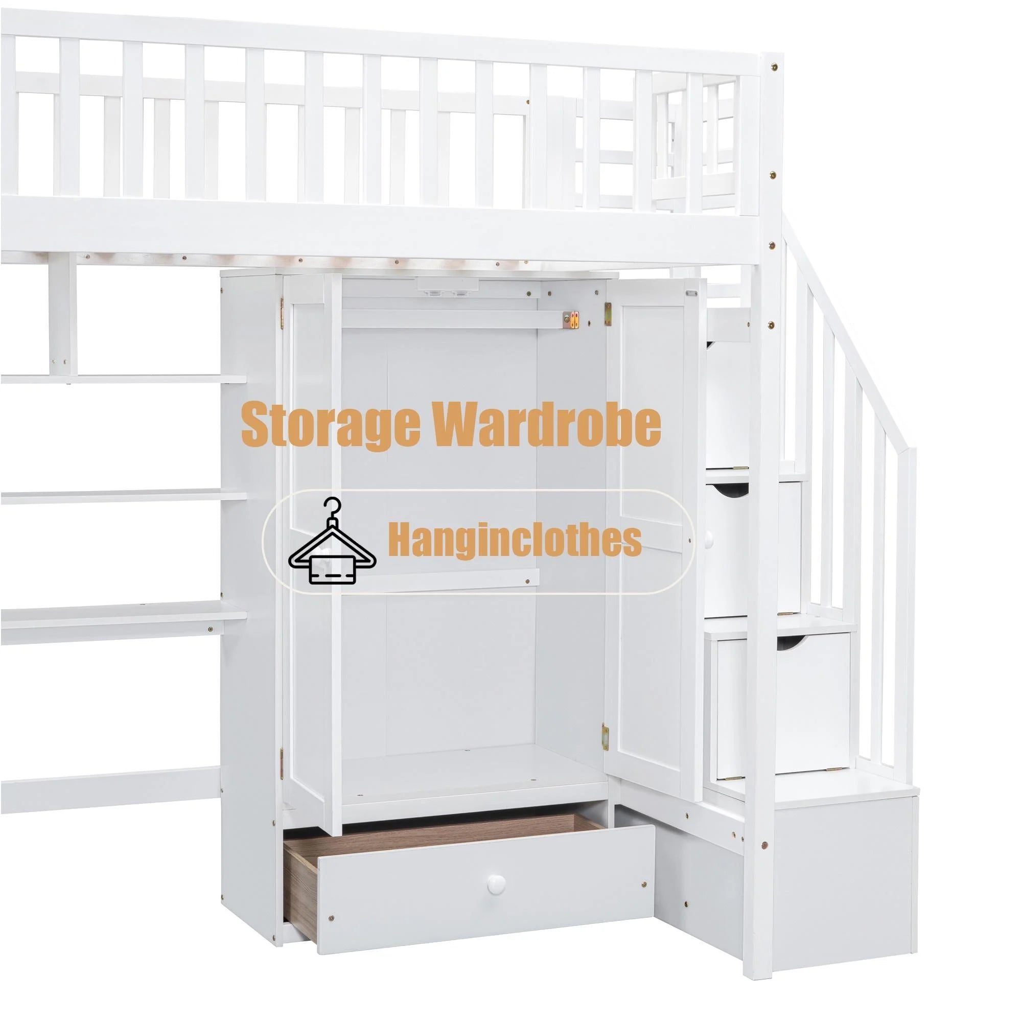 Twin Size Wood Loft Bed with Stairs and Wardrobe N56145