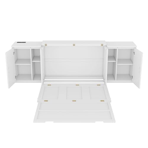 Gray Solid Wood Murphy Cabinet Wall Bed With Storage and Bookcase Headboard E385