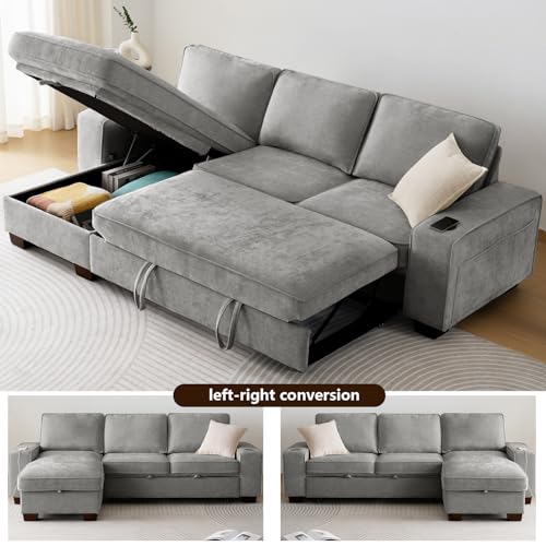 99" Convertible Sleeper Sofa Bed L Shaped with Storage Chaise Pull Out Couch Chenille Covers (Gray) N267449