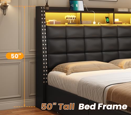 Queen Bed Frame with Storage Headboard and 4 Drawers, Gray D66238
