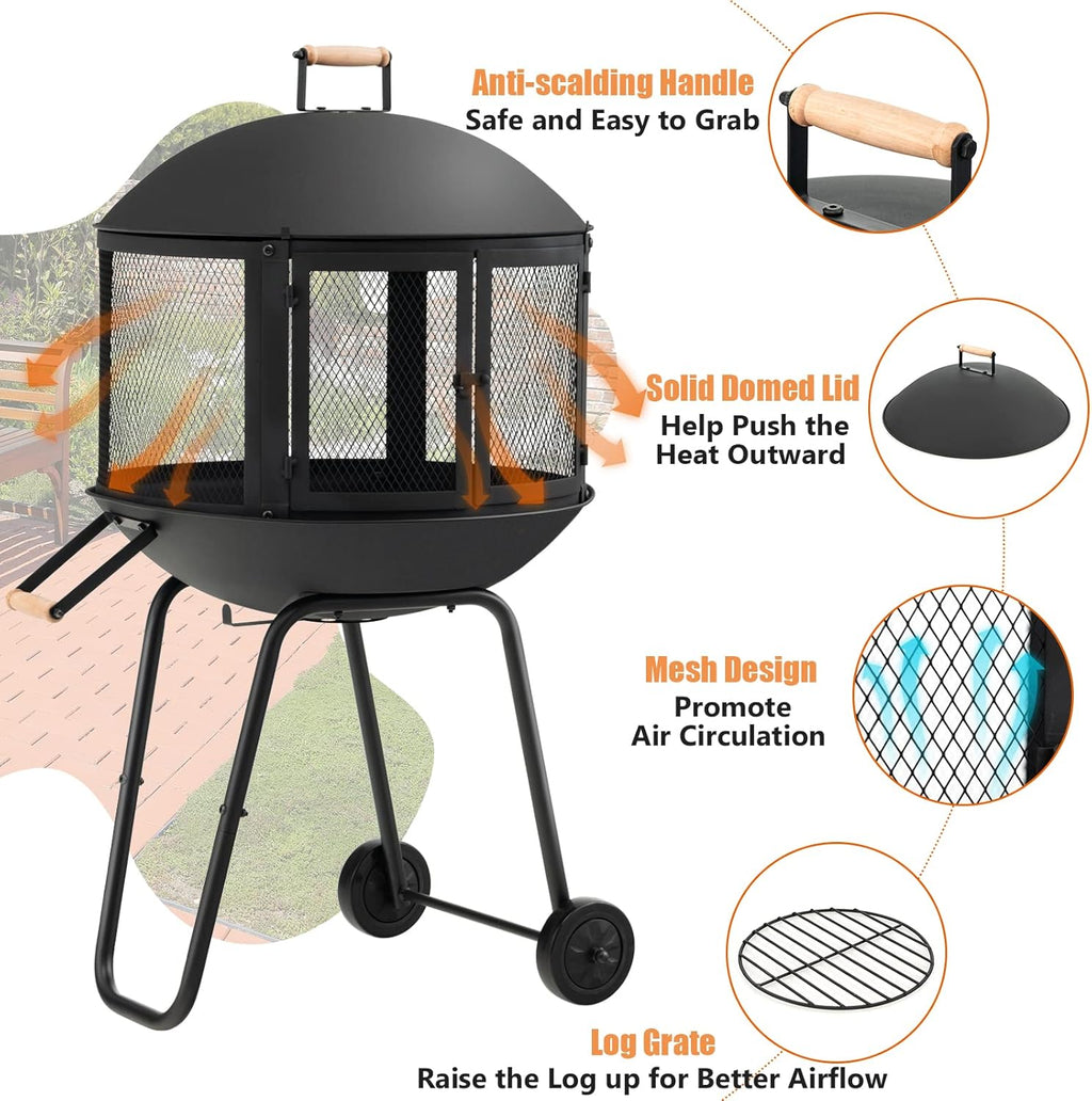 28 Inch Wood Burning Portable Fire Pit with Wheels Black X6489
