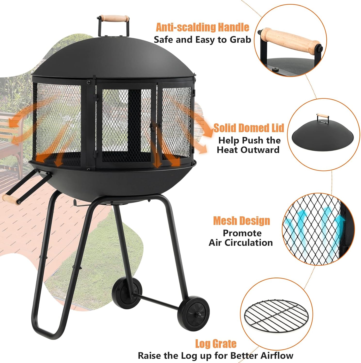 28 Inch Wood Burning Portable Fire Pit with Wheels Black X6489