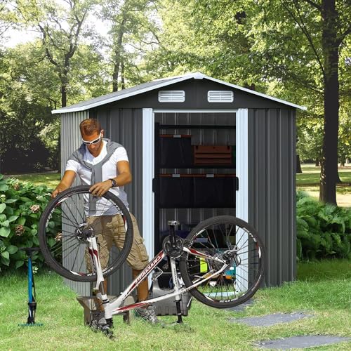 8 x 6FT Grey Metal Outdoor Storage Shed with Sliding Door I816333
