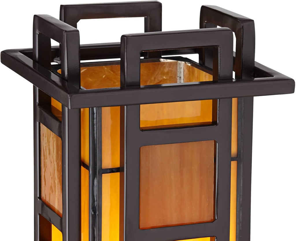 Bronze Iron Column Accent Table Lamp with Amber Stained Art Glass L596