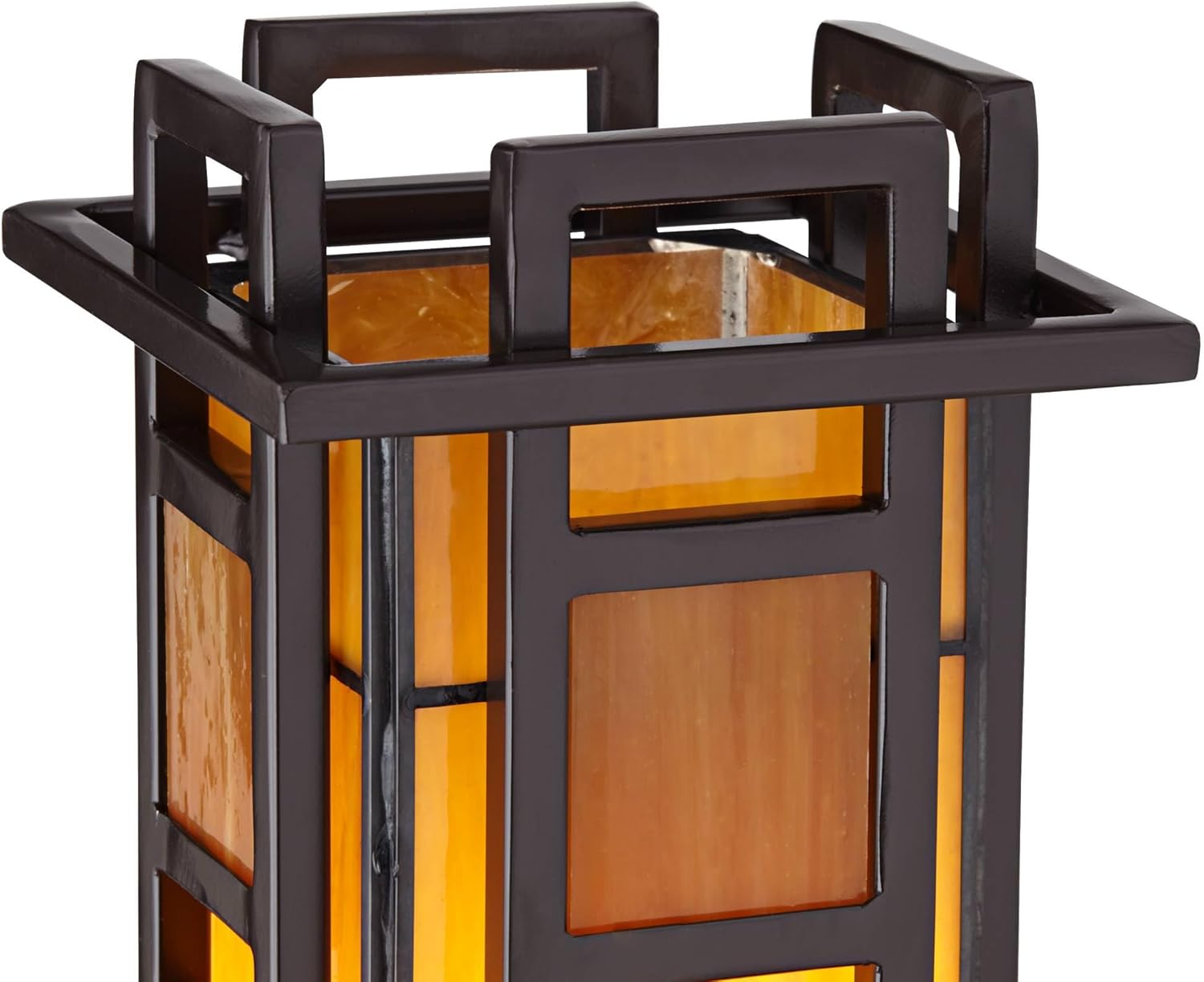 Bronze Iron Column Accent Table Lamp with Amber Stained Art Glass L596