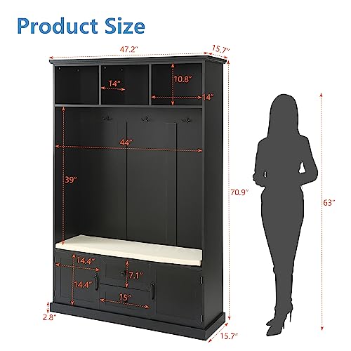Black Hall Tree with Storage Bench and 4 Hooks Q1654