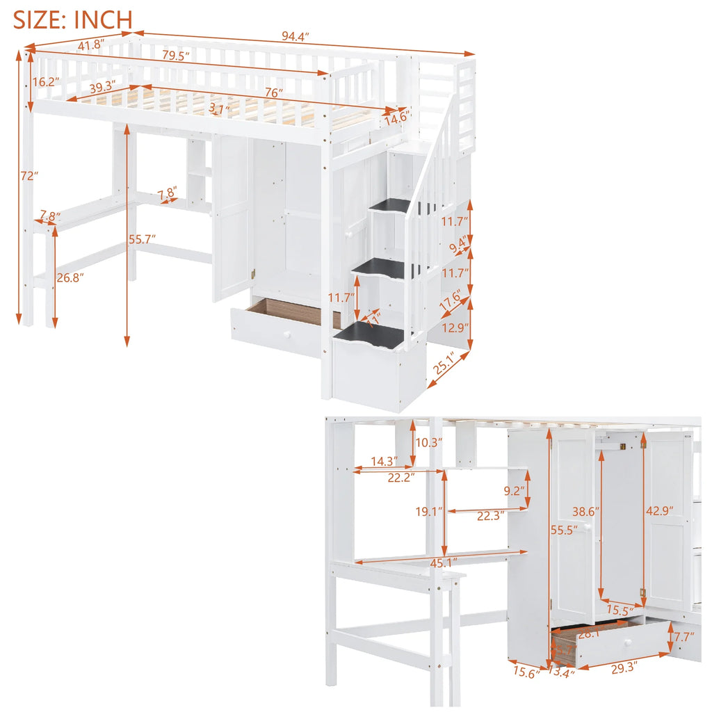Twin Size Wood Loft Bed with Stairs and Wardrobe N56145