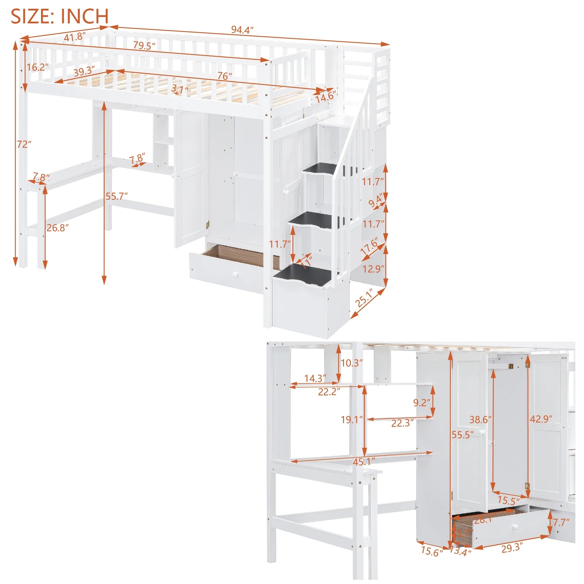 Twin Size Wood Loft Bed with Stairs and Wardrobe N56145