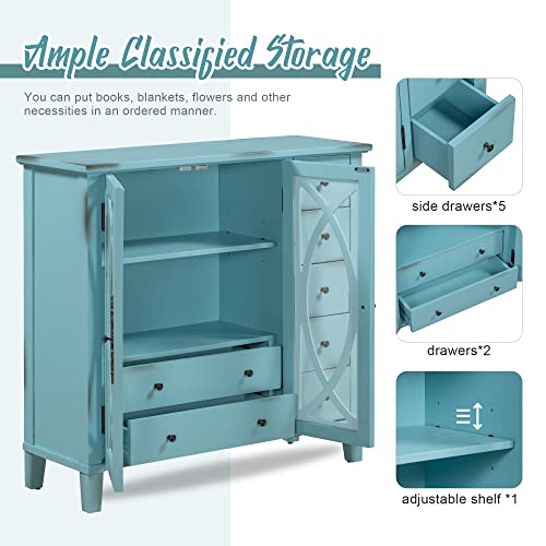 Antique Light Green Wooden Sideboard with 5 Small Drawers and 2 Large Drawers T778608