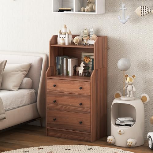 3 Drawers Dresser with Shelves, Tall Nightstand with 2 Open Shelves, Chest of Drawers (Walnut) P760