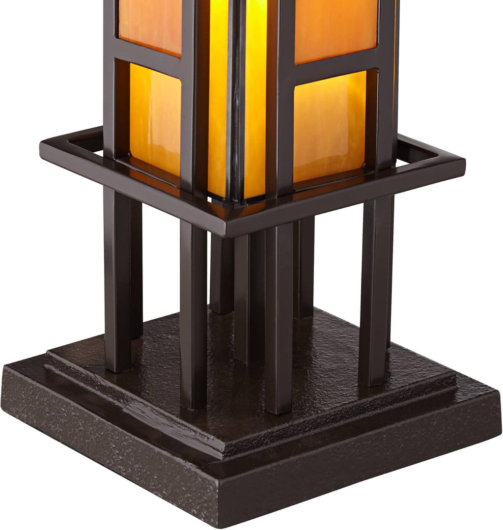 Bronze Iron Column Accent Table Lamp with Amber Stained Art Glass L596