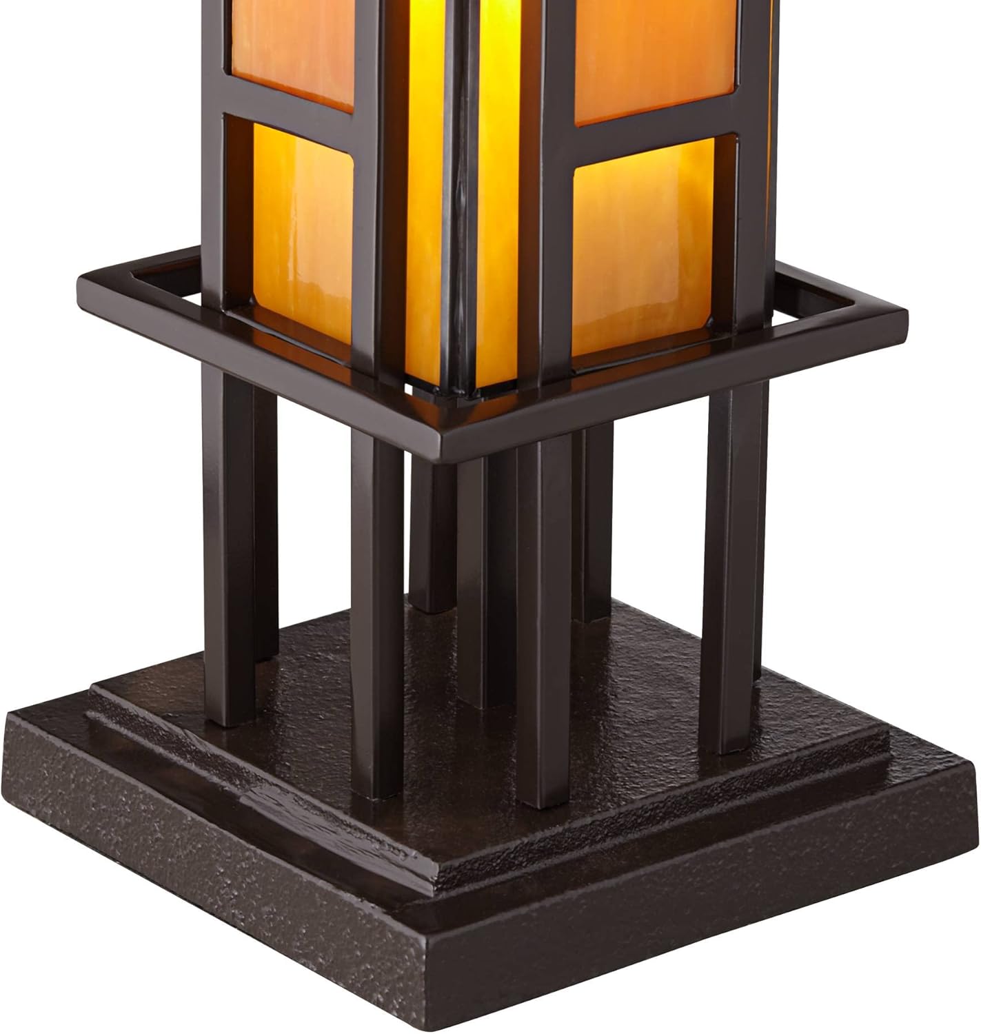 Bronze Iron Column Accent Table Lamp with Amber Stained Art Glass L596