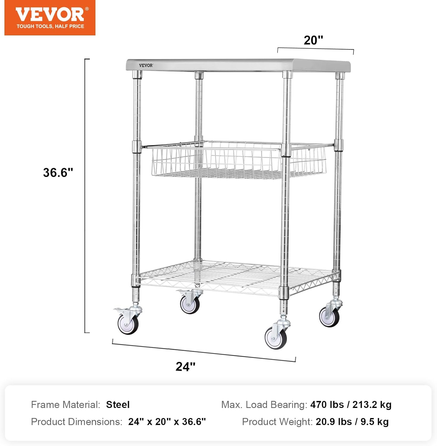 3 Tiers Wire Rolling Cart with Brake Wheels P4835