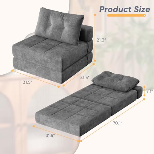 White Chenille Folding Sofa Bed with Headrest & Lumbar Pillow F278