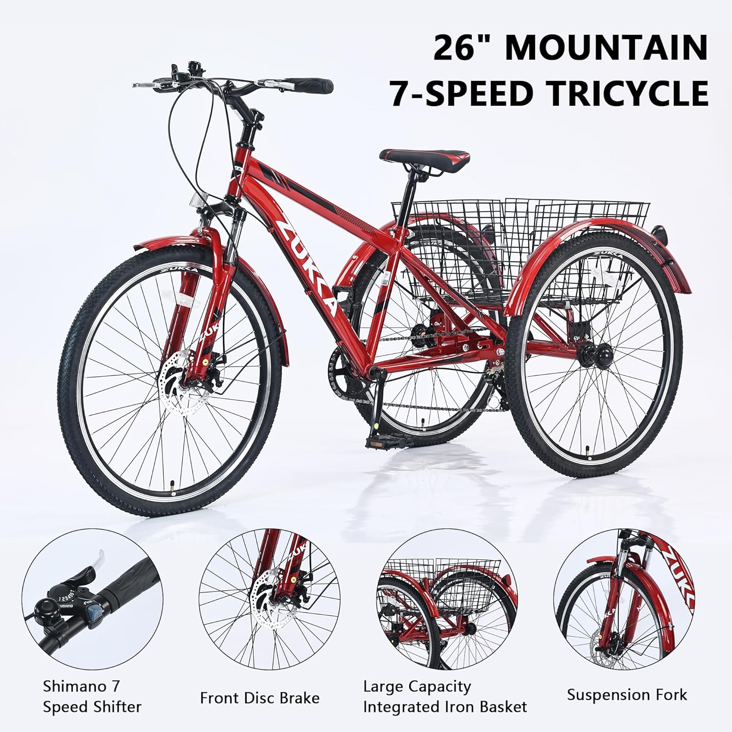 7-Speed 26-Inch 3 Wheels Adult Tricycle with Rear Basket O524230