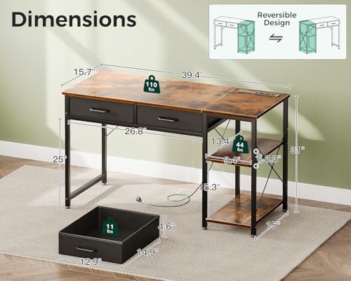 40 Inch White Small Computer Desk With Drawers & Power Outlet L185834