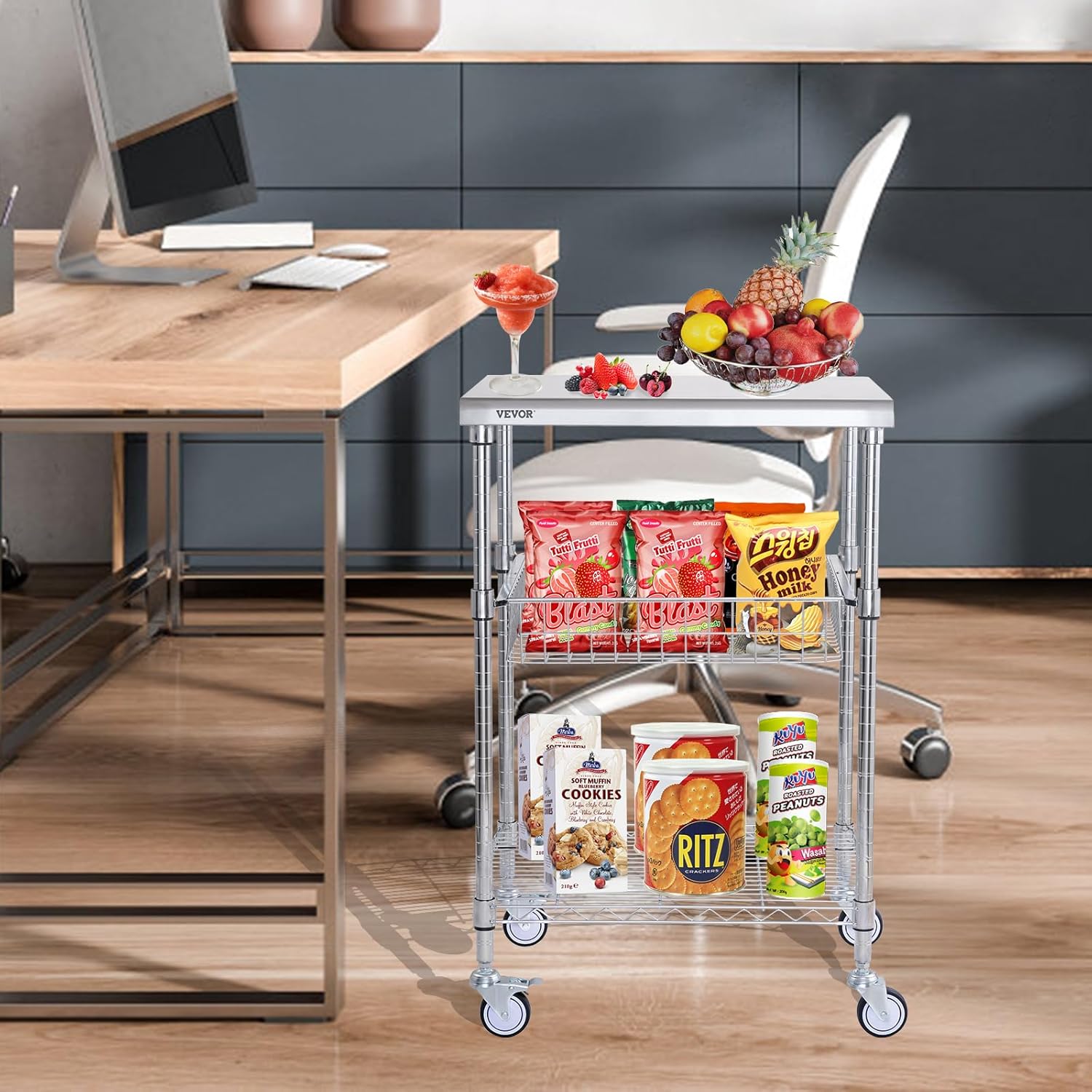 3 Tiers Wire Rolling Cart with Brake Wheels P4835