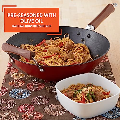 Black 14-Inch Cast Iron Wok with Wood Handles Y74833