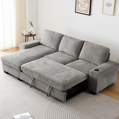 99" Convertible Sleeper Sofa Bed L Shaped with Storage Chaise Pull Out Couch Chenille Covers (Gray) N267449