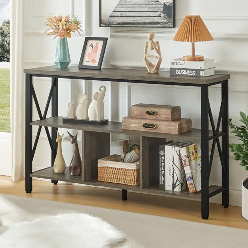 47-inch Rustic Entryway Console Table with Storage, 3-Tier Shelves, Brown Y4948
