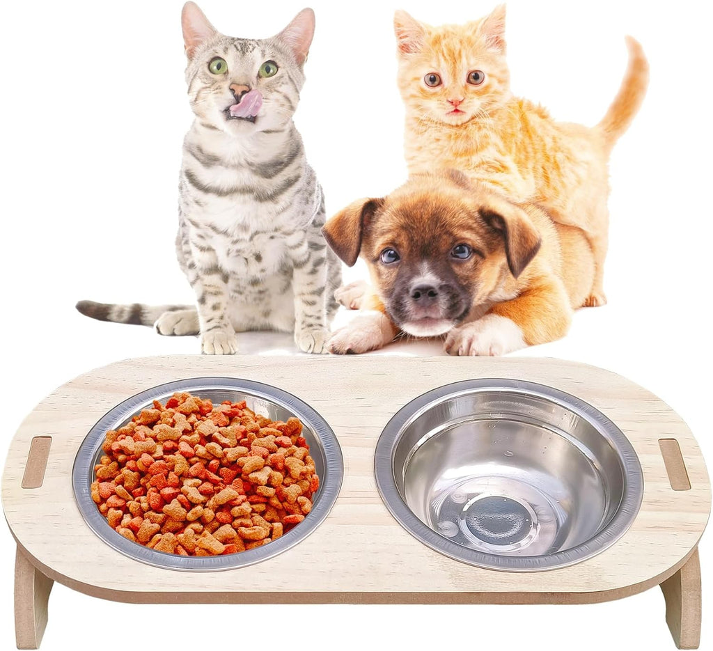15° Tilted Raised Stainless Steel Cat Bowls with Wood Stand G593