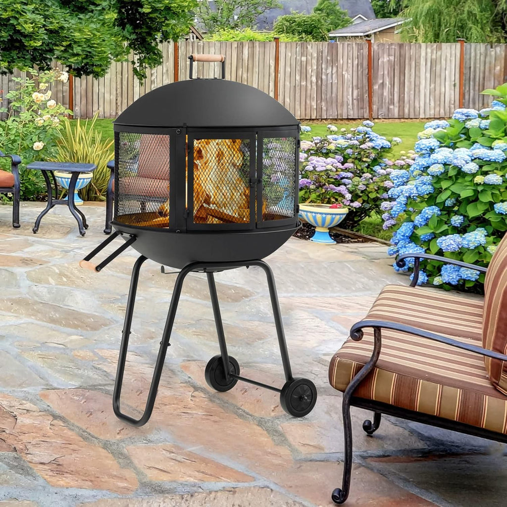 28 Inch Wood Burning Portable Fire Pit with Wheels Black X6489