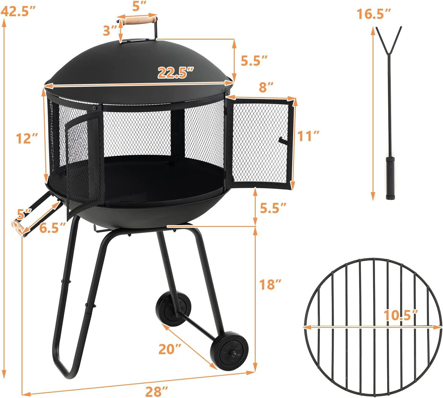 28 Inch Wood Burning Portable Fire Pit with Wheels Black X6489