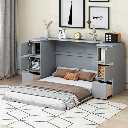 Gray Wood Murphy Bed with Drawers and Cabinets Q458565