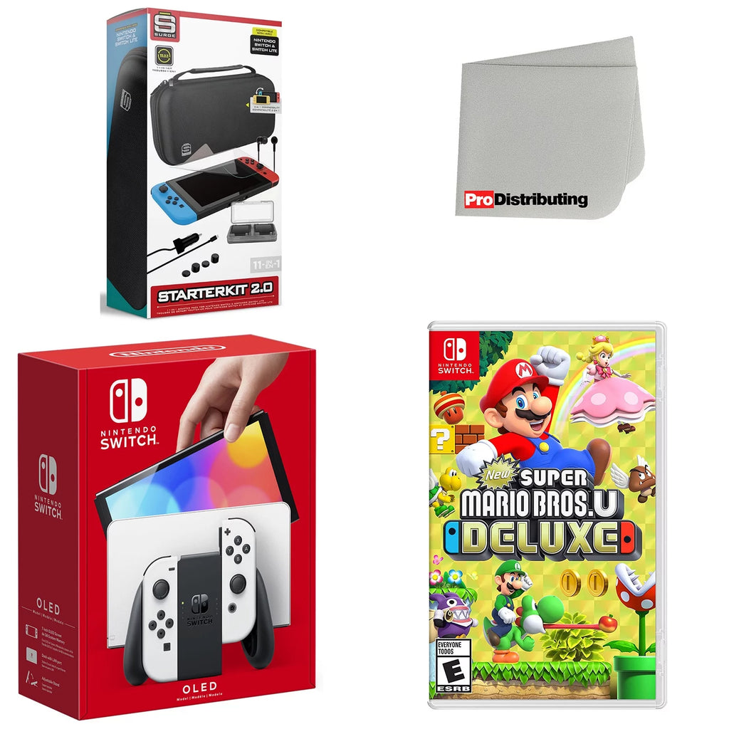 Nintendo Switch OLED Console White with New Super Mario Bros. U Deluxe, Screen Cleaning Cloth Bundle V291