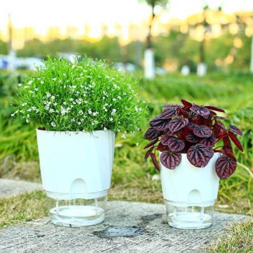 5 Pack Self Watering Planters 6 Inch Plastic Plant Pots, White F4086