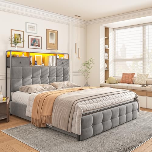 King Size Bed Frame with 4 Storage Drawers and LED Lights, Grey W31210