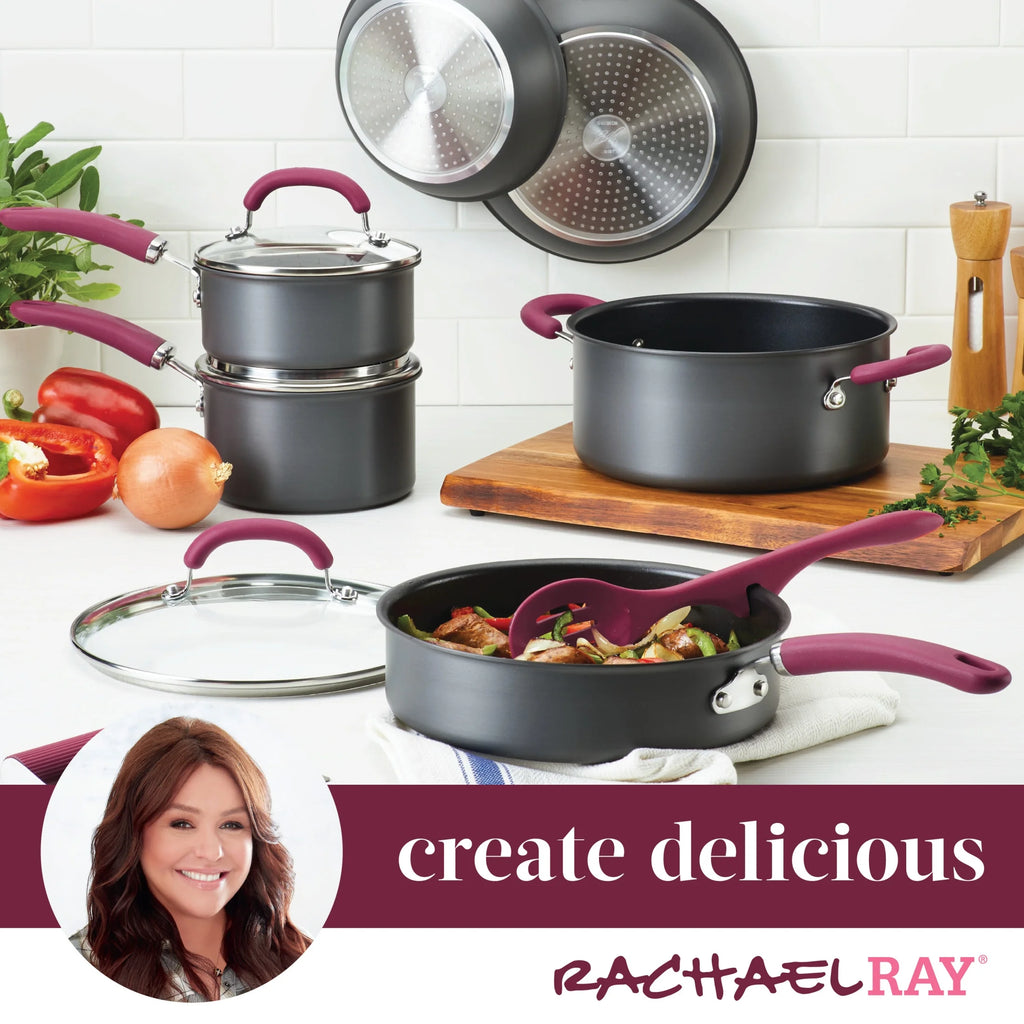 11 Piece Nonstick Pots and Pans Set, Burgundy Handles O666