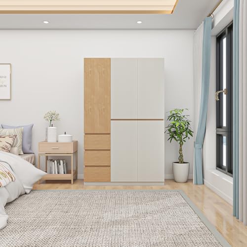 4 Door Wardrobe Closet with Clothing Rod, 4 Drawers, Mirror, 62.99" D x 18.9" W x 70.87" H X75431