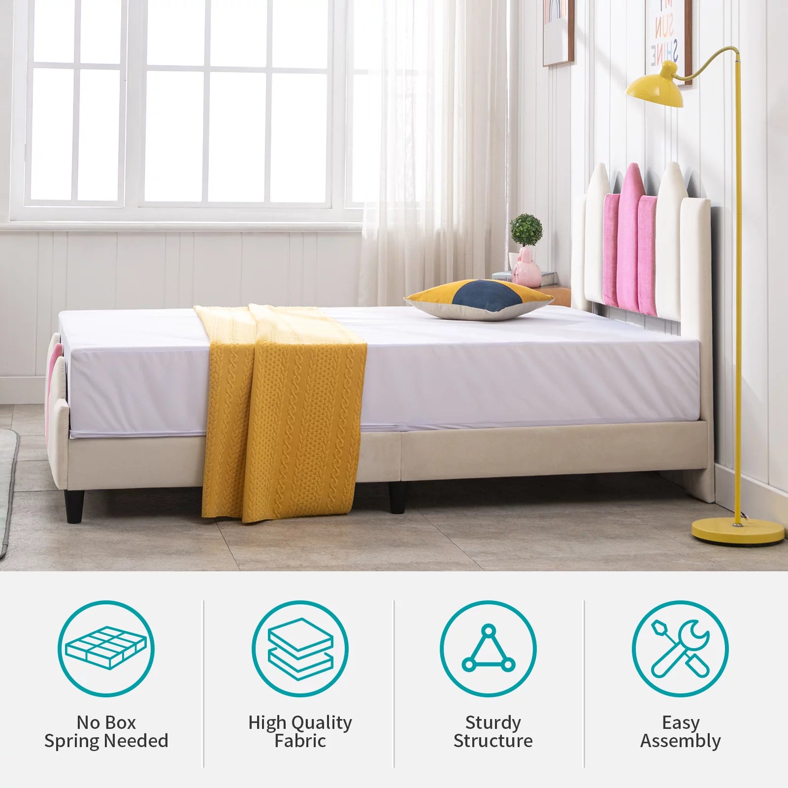 Pink Full Wood Upholstered Bed Frame with Headboard P504593