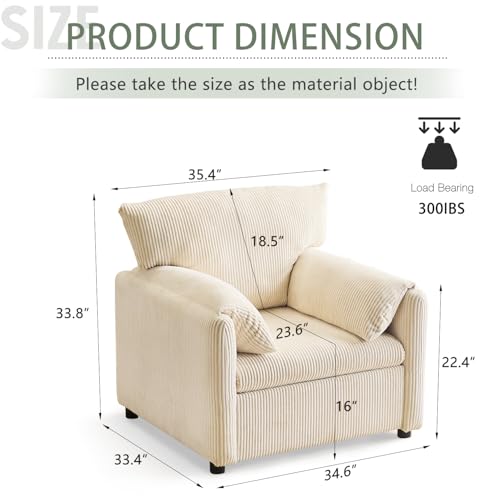 Corduroy Single Sofa Chair with Side Pocket Oversized Armchair (Beige) W342