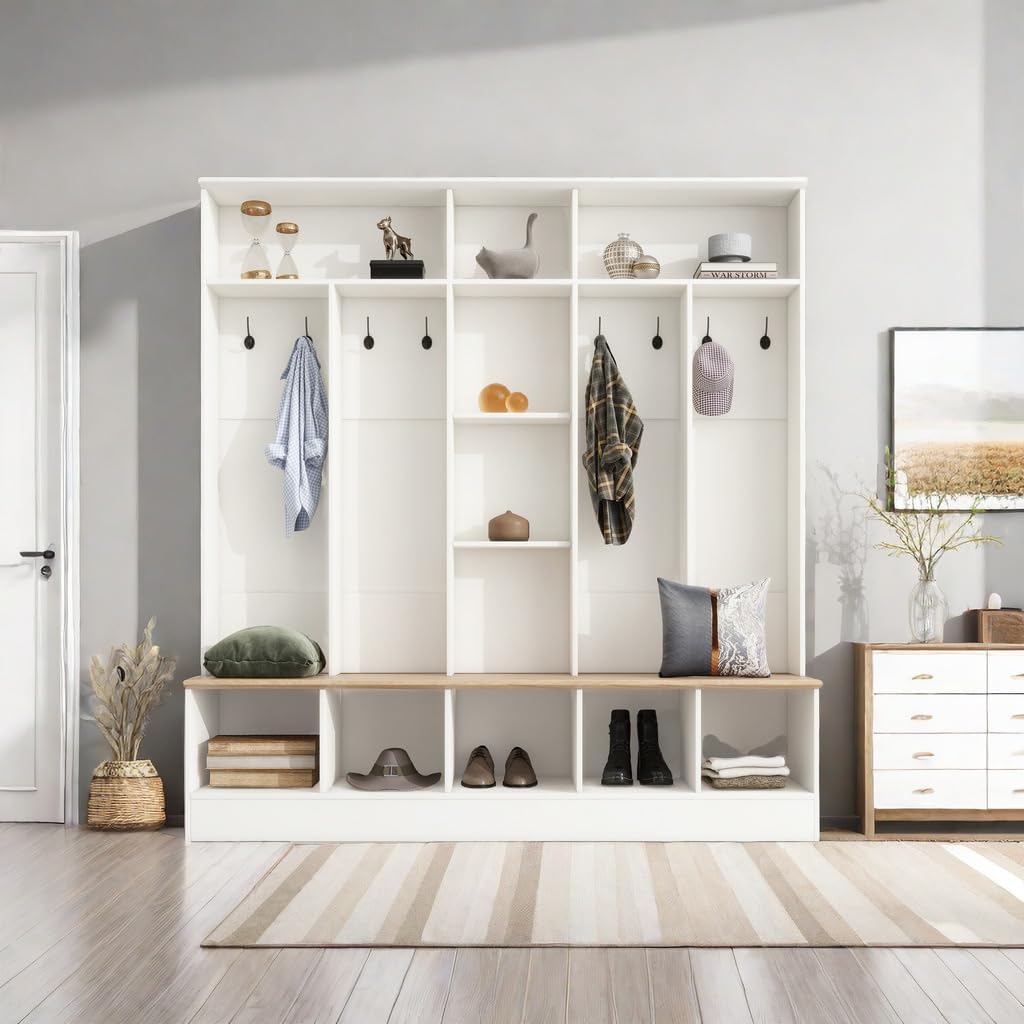 White Coat Rack with 8 Hooks and Storage Bench W4924