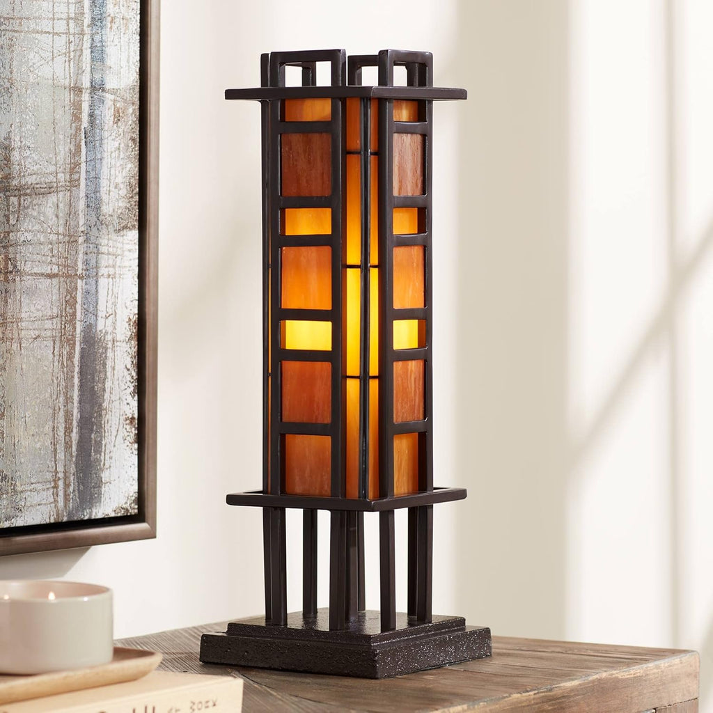 Bronze Iron Column Accent Table Lamp with Amber Stained Art Glass L596