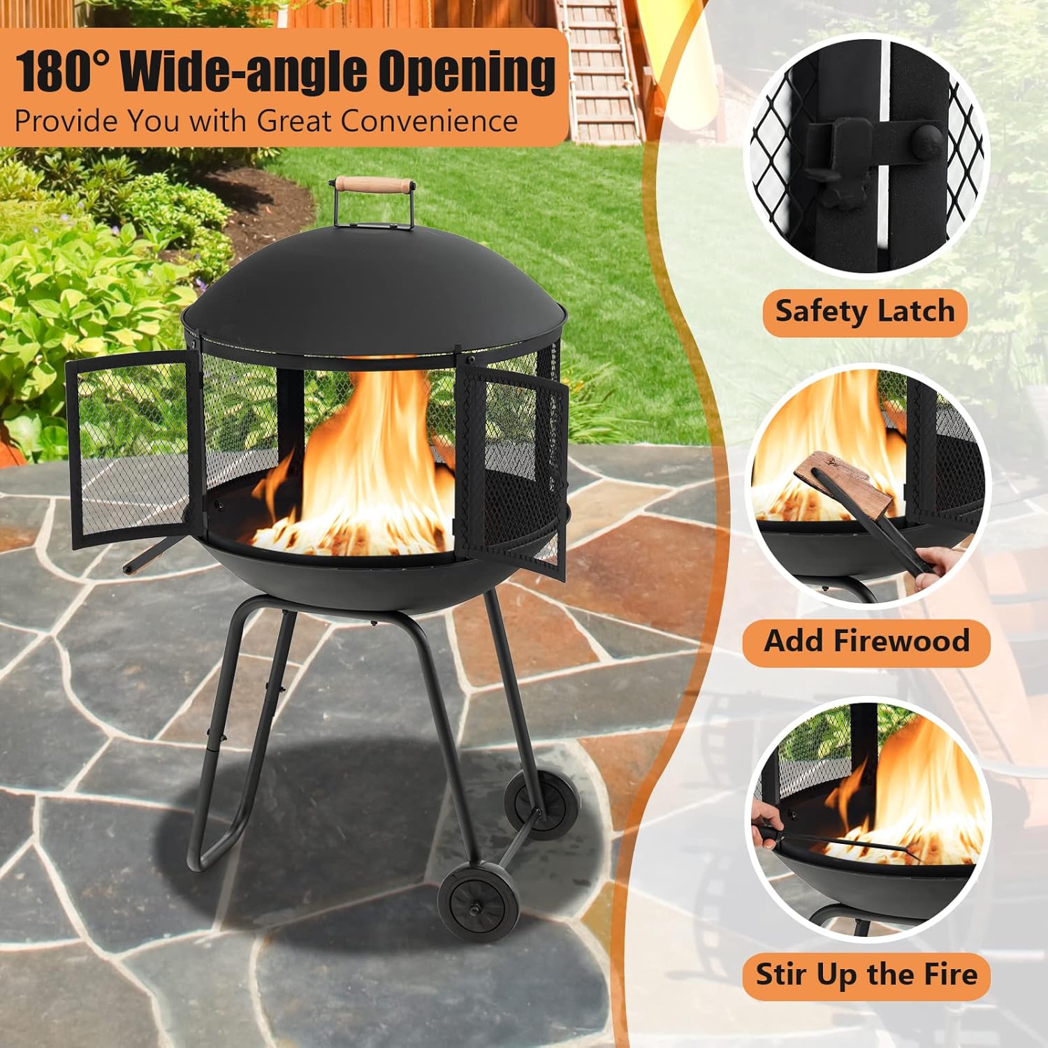 28 Inch Wood Burning Portable Fire Pit with Wheels Black X6489
