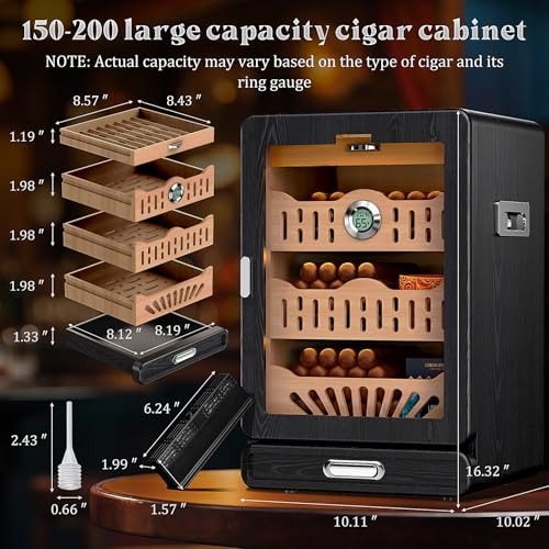 Glass top Cigar Humidor Cabinet with Spanish Cedar Tray, Digital Hygrometer（Black） K7278
