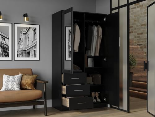 100% Solid Wood Wardrobe with Mirror, Mocha R670