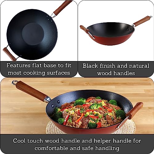 Black 14-Inch Cast Iron Wok with Wood Handles Y74833