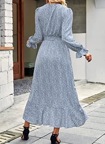 Women Long Sleeve Wrap Maxi Dress V Neck Floral High Waist Flowy Ruffle Dresses with Belt J197415
