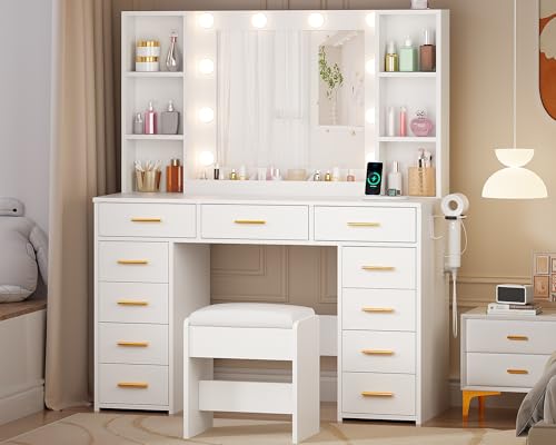 White Vanity Desk with Mirror and Lights 11 Drawers 9 Shelves Vanity Table with Stool U662