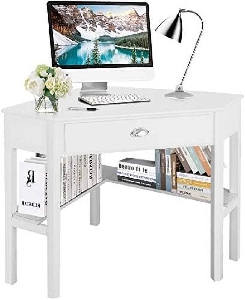 White Corner Desk with Drawer and Shelves A5612