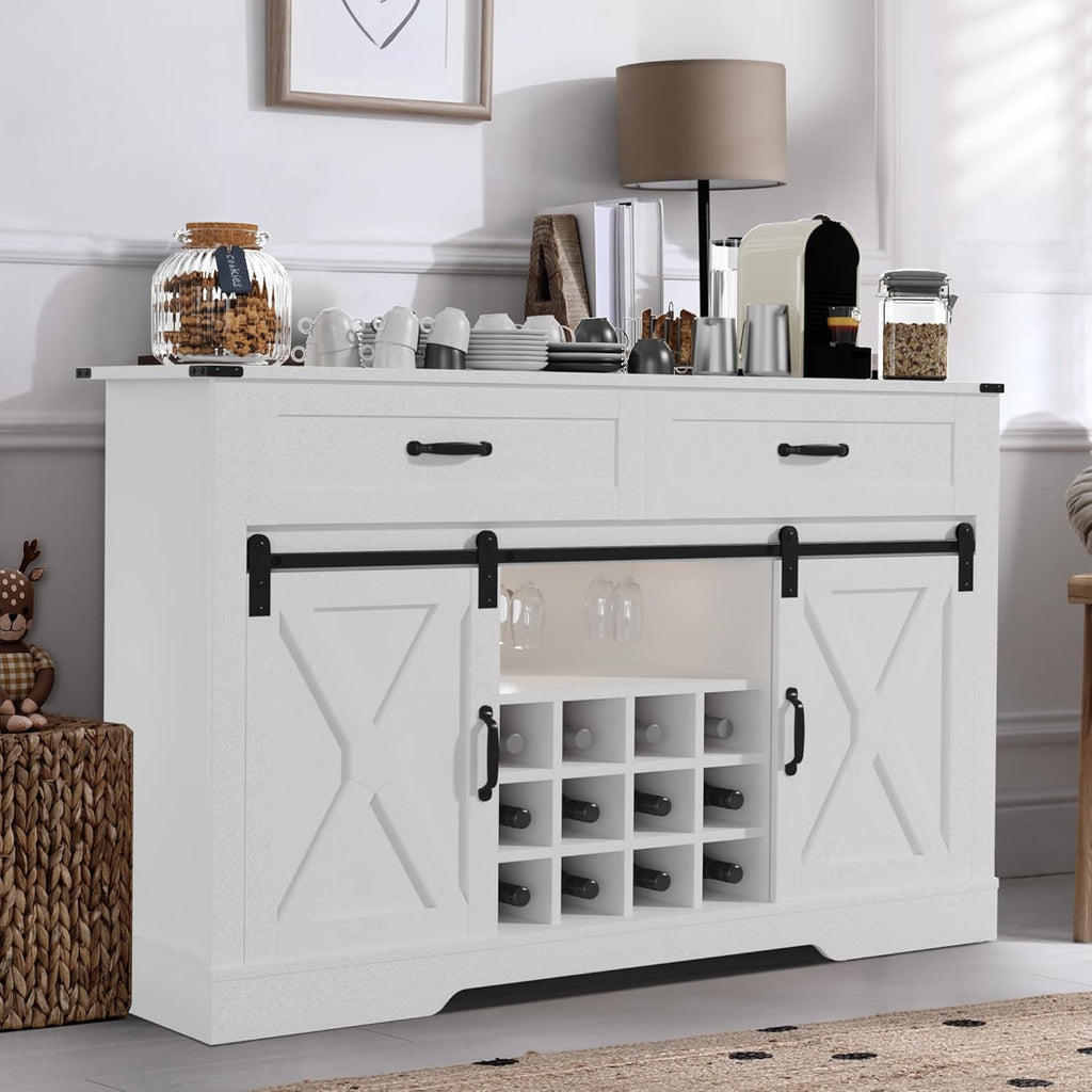 White & Oak Sideboard Cabinet with Sliding Barn Door, 3 Drawers L380