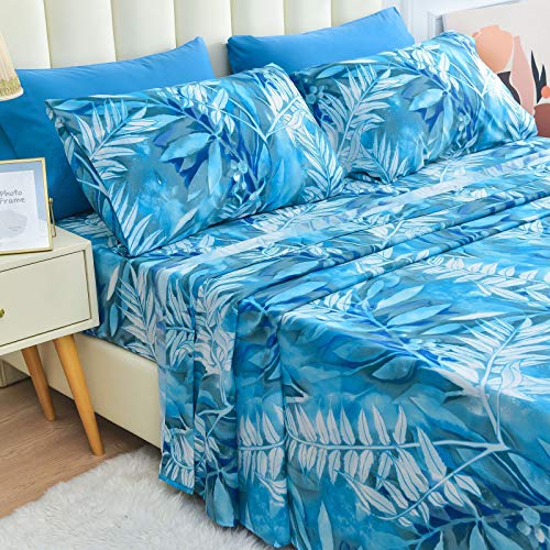 Mint Green Floral Printed Queen Size 6 Piece Microfiber Bed Sheet Set L194