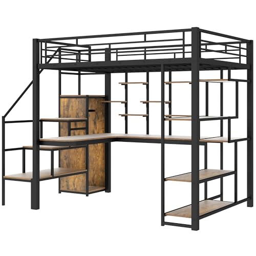 Black Metal Loft Bed with Desk and Stairs X603